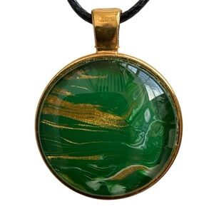 Green Gold Fluid Art Pendant Necklace 1” Handmade by Svetlana Yeung